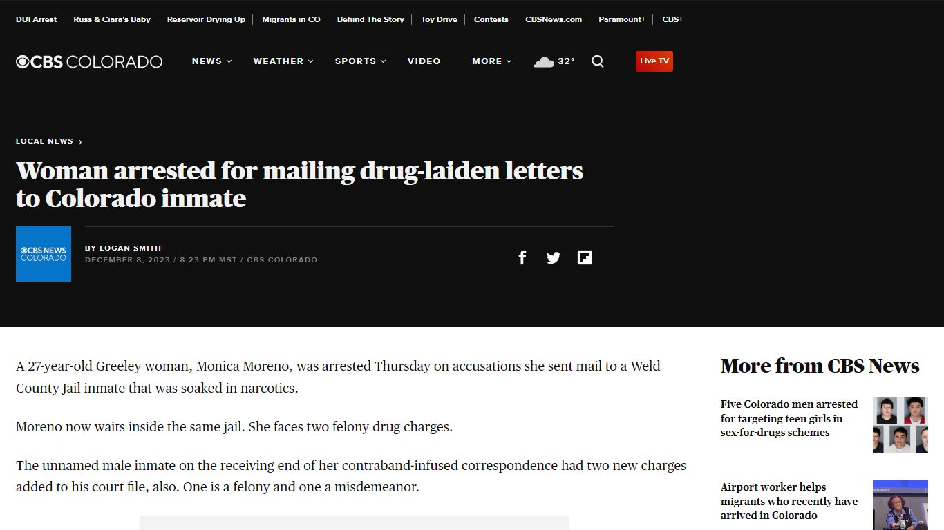 Woman arrested for mailing drug-laiden letters to Colorado inmate